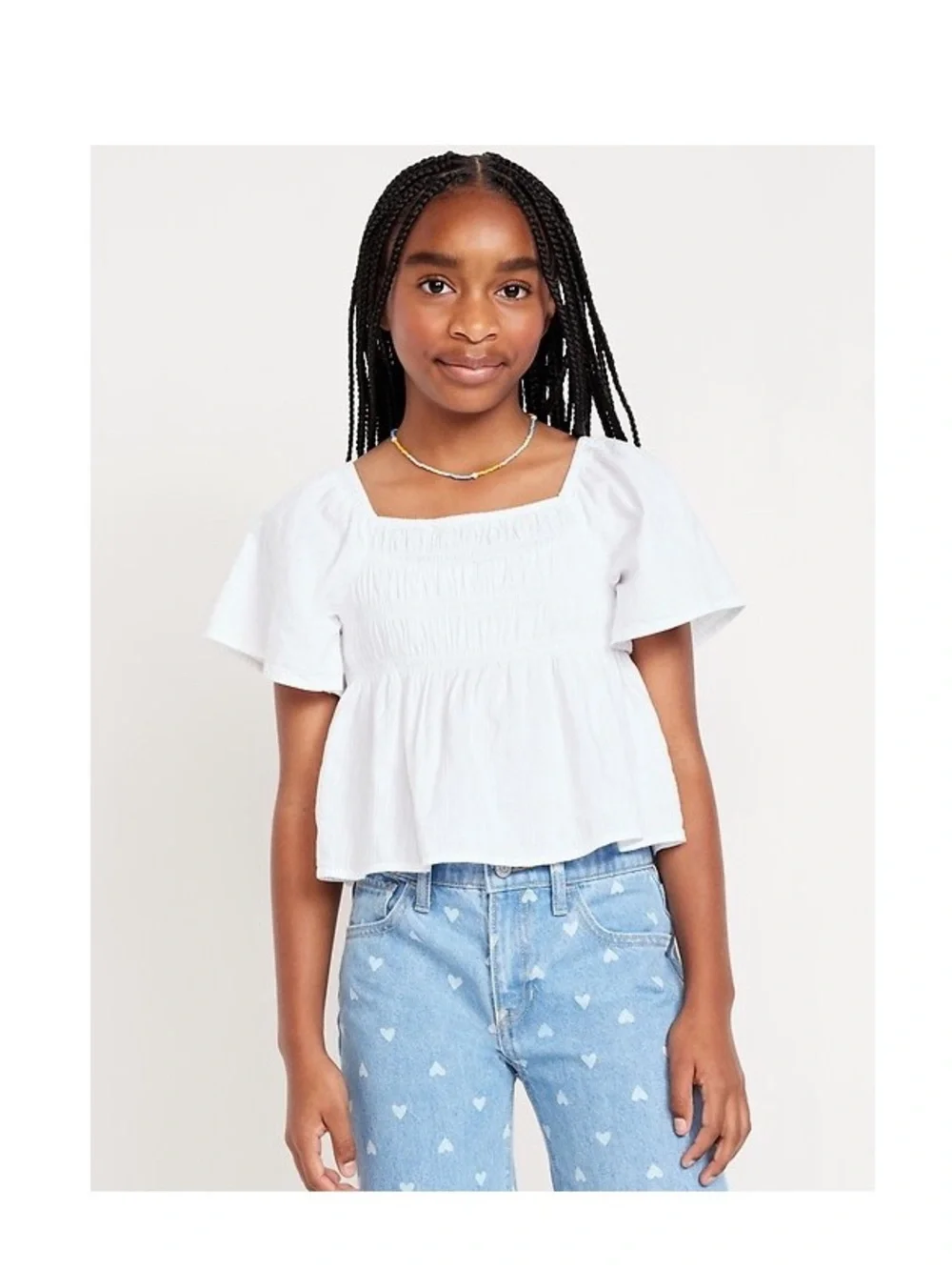Old Navy | White Smocked Square-Neck Flutter Sleeve Top Girls Size Medium